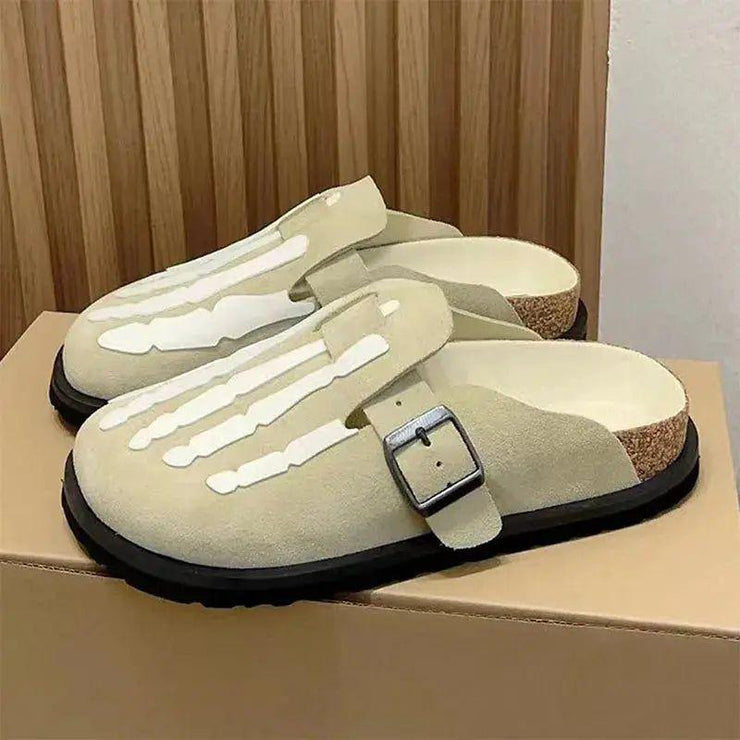 Nubuck Leather Skeleton Flat Slides Slippers