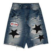 PATCHES CUT OFF PLAID DENIM JORTS