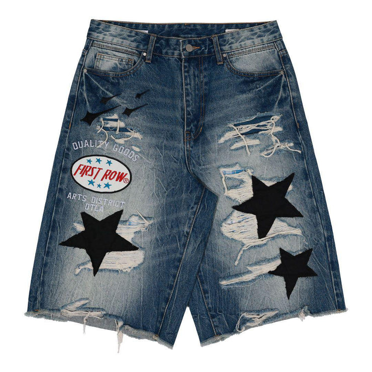 PATCHES CUT OFF PLAID DENIM JORTS