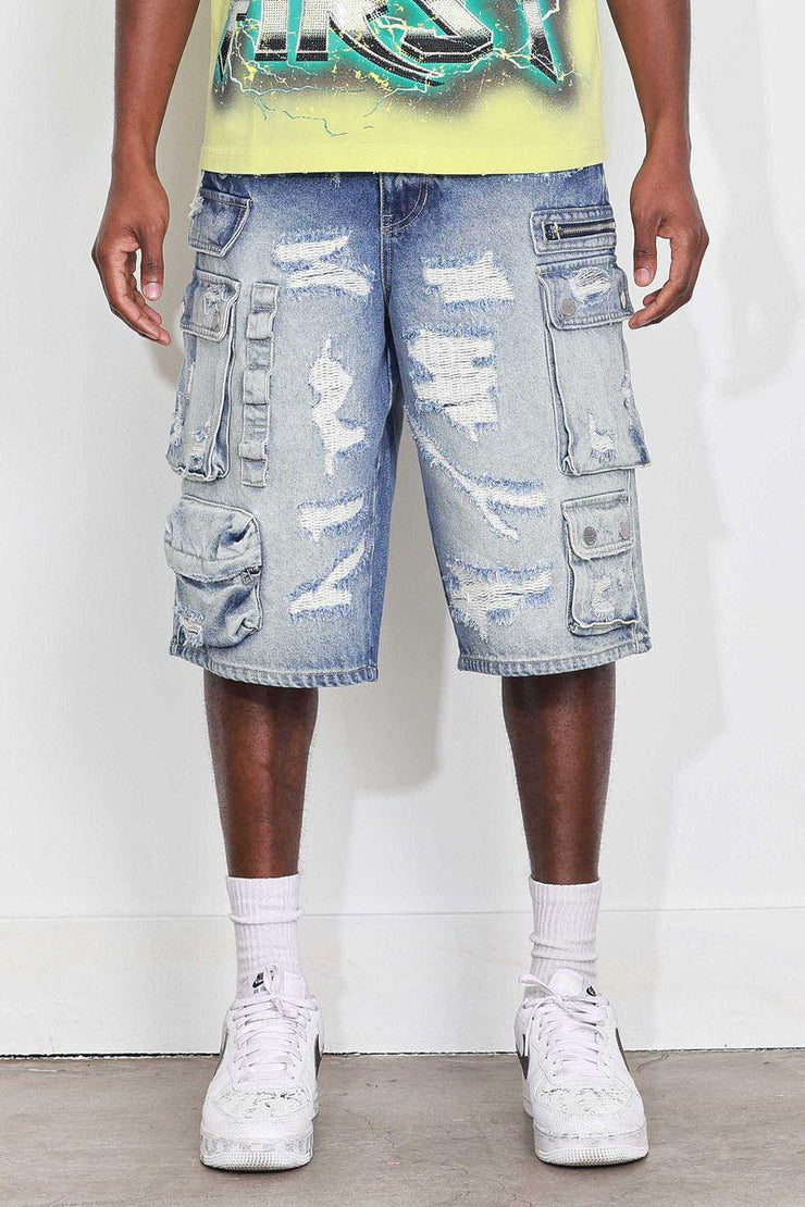 WASHED MULTI CARGO DENIM JORTS