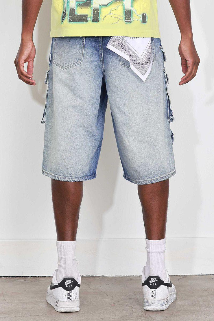 WASHED MULTI CARGO DENIM JORTS