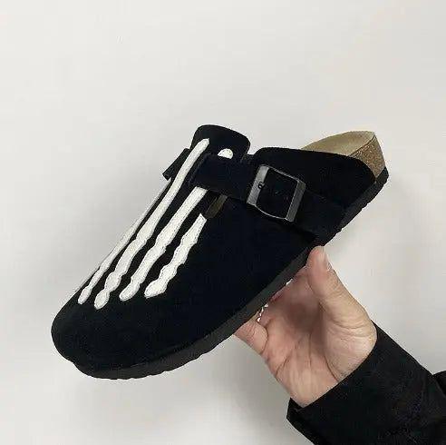 Nubuck Leather Skeleton Flat Slides Slippers
